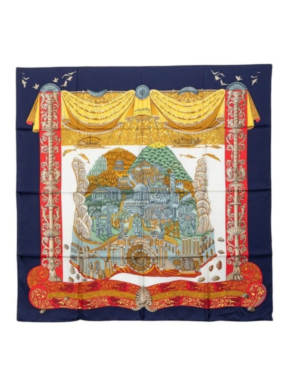 Hermes Carre 90 Atlantis L'atlantide Scarf Navy Multicolor Silk